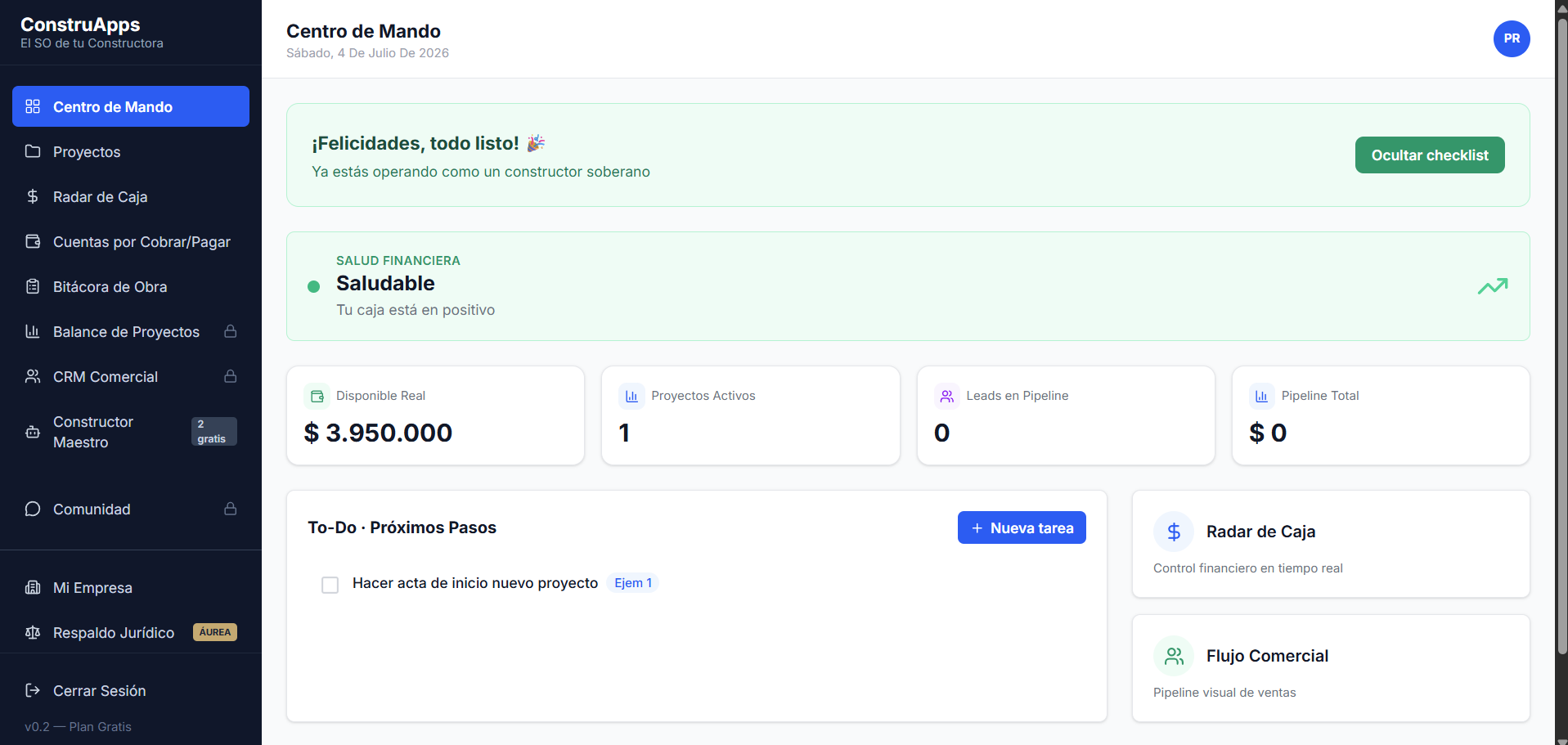 Vista del interior de ConstruApps - dashboard de gestión de constructora